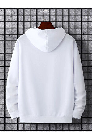Erkek Beyaz Dik Paris Baskılı Kapüşonlu Sweatshirt