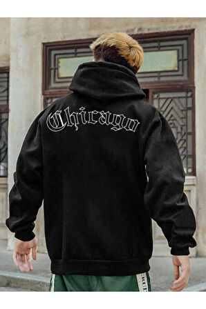 Erkek Siyah Chicago Sırt Baskılı Kapüşonlu Sweatshirt