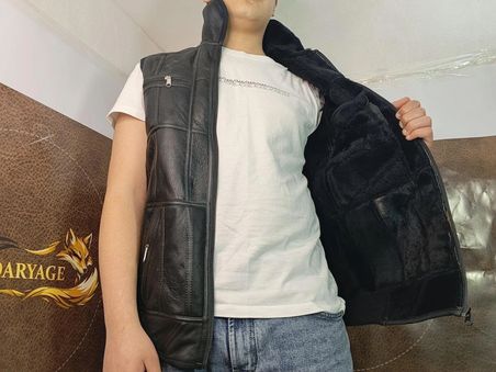Erkek PatchWork İçi Kürk – Dışı  Hakiki Deri İÇi Koyun Yünü Yakalı Biye ve Triko Detaylı Yelek