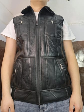Erkek PatchWork İçi Kürk – Dışı  Hakiki Deri İÇi Koyun Yünü Yakalı Biye ve Triko Detaylı Yelek