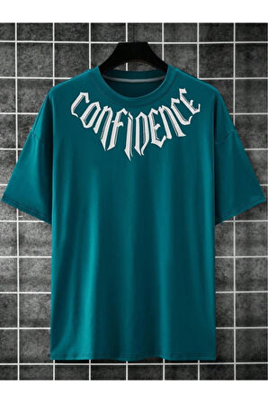 Erkek Petrol Mavi Yaka Baskılı Oversize T-shirt