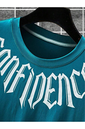 Erkek Petrol Mavi Yaka Baskılı Oversize T-shirt