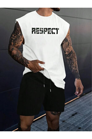 Erkek Beyaz Respect Baskılı Kolsuz T-shirt Şort Takım