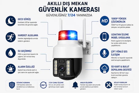 Akıllı Dış Mekan Wi-Fi Güvenlik Kamerası | 1080P Full HD | PTZ 355° Hareketli | Gece Görüşlü | Hareket Algılama | Çift Yönlü Ses | IP66
