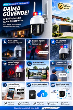Akıllı Dış Mekan Wi-Fi Güvenlik Kamerası | 1080P Full HD | PTZ 355° Hareketli | Gece Görüşlü | Hareket Algılama | Çift Yönlü Ses | IP66