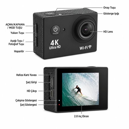 4K Ultra HD Wi-Fi Aksiyon Kamerası | 30 Metre Su Geçirmez | Geniş Açılı Spor Kamera | Bisiklet, Dalış ve Outdoor Çekimleri