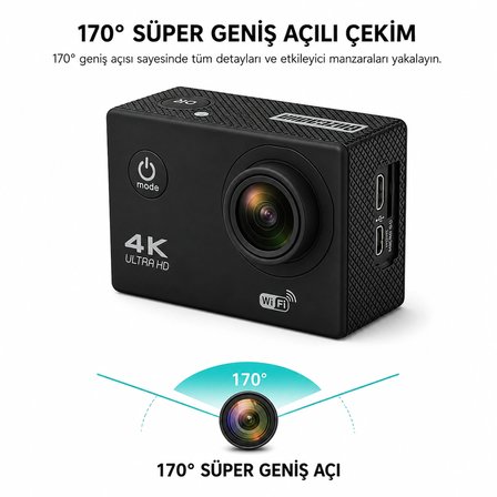 4K Ultra HD Wi-Fi Aksiyon Kamerası | 30 Metre Su Geçirmez | Geniş Açılı Spor Kamera | Bisiklet, Dalış ve Outdoor Çekimleri