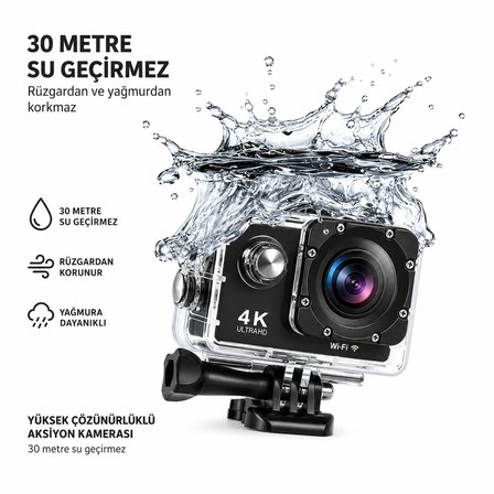 4K Ultra HD Wi-Fi Aksiyon Kamerası | 30 Metre Su Geçirmez | Geniş Açılı Spor Kamera | Bisiklet, Dalış ve Outdoor Çekimleri