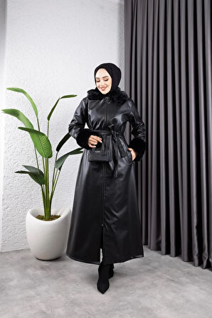 Kadın Fermuarlı Kuşaklı Yakası Kürk Görünümlü Astarlı Deri Uzun Trençkot