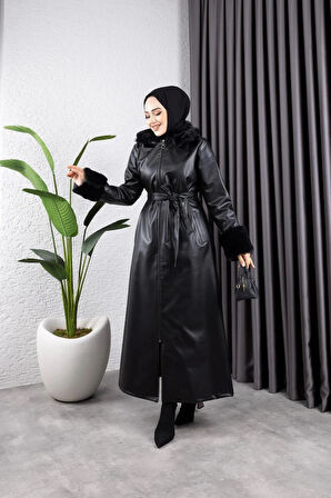 Kadın Fermuarlı Kuşaklı Yakası Kürk Görünümlü Astarlı Deri Uzun Trençkot