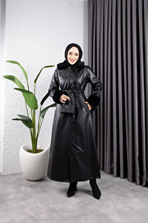 Kadın Fermuarlı Kuşaklı Yakası Kürk Görünümlü Astarlı Deri Uzun Trençkot