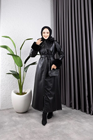 Kadın Fermuarlı Kuşaklı Yakası Kürk Görünümlü Astarlı Deri Uzun Trençkot