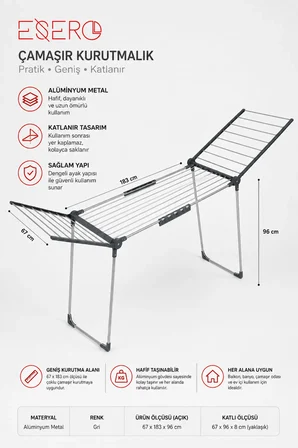MB1606 Metal Çamaşır Kurutmalık Katlanır Kurutma Askısı Gri 67x183 cm