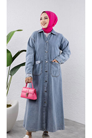 Kadın Düğmeli Uzun Kot Kap