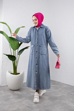 Kadın Düğmeli Uzun Kot Kap