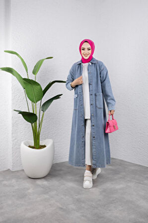 Kadın Düğmeli Uzun Kot Kap