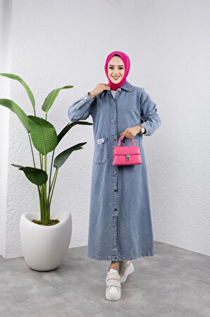 Kadın Düğmeli Uzun Kot Kap