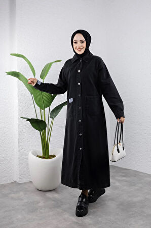 Kadın Düğmeli Uzun Kot Kap