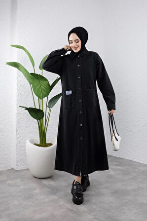 Kadın Düğmeli Uzun Kot Kap