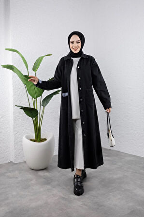 Kadın Düğmeli Uzun Kot Kap