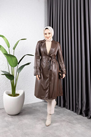 Kadın Deri Cepli Kuşaklı Trençkot