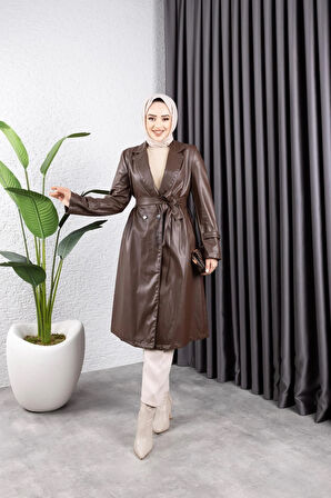 Kadın Deri Cepli Kuşaklı Trençkot