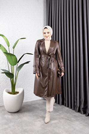 Kadın Deri Cepli Kuşaklı Trençkot