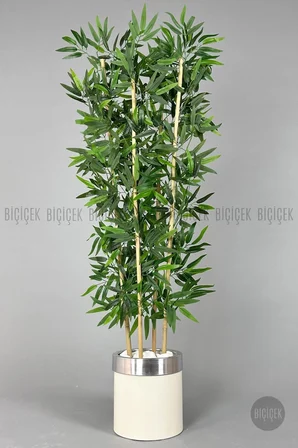 Yapay bambu ağacı 140cm krem gümüş metal saksıda