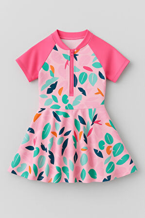  Kız Çocuk Etekli Şortlu Pembe Mor Renkli Önü Fermuarlı Mayo.