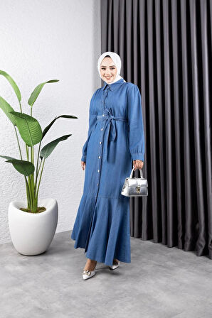 Kadın Düğmeli Kuşaklı Kot Elbise