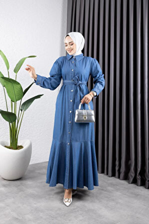 Kadın Düğmeli Kuşaklı Kot Elbise