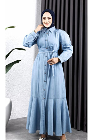 Kadın Düğmeli Kuşaklı Kot Elbise