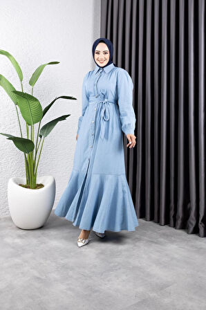 Kadın Düğmeli Kuşaklı Kot Elbise