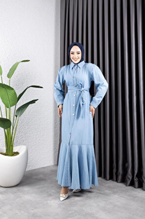 Kadın Düğmeli Kuşaklı Kot Elbise