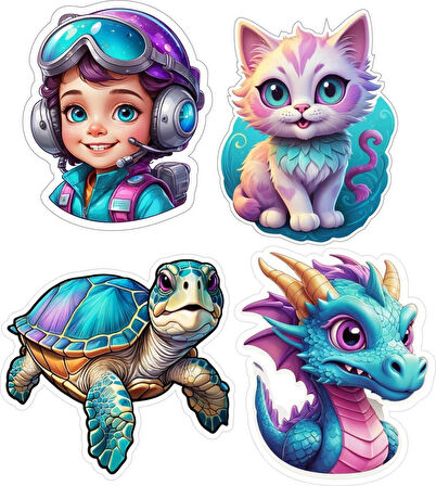 4 Adet 10x10 cm Sticker Çocuk Etiket Seti v2