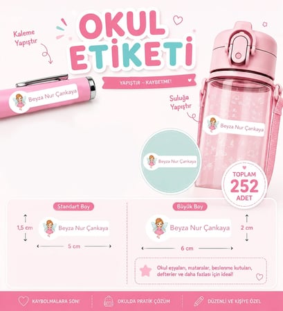 Pastel Renklerle Kişiye Özel Okul Etiketi Seti Peri Tasarımlı 252 Adet - Mat Renkli İsim Etiketi (Kalem, Suluk, Defter)