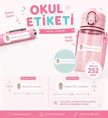 Pastel Renklerle Kişiye Özel Okul Etiketi Seti Peri Tasarımlı 252 Adet - Mat Renkli İsim Etiketi (Kalem, Suluk, Defter)