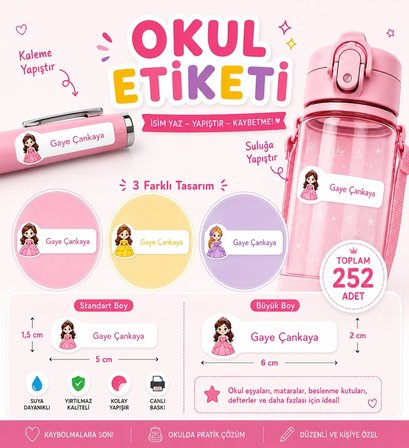Pastel Renklerle Kişiye Özel Okul Etiketi Seti Prenses Tasarımlı 252 Adet - Mat Renkli İsim Etiketi (Kalem, Suluk, Defter)