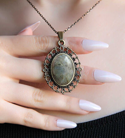 Doğal Taş Labradorit Doğal Taşlı Otantik Kadın Kolye 45 Cm Zincirli euk13lbt