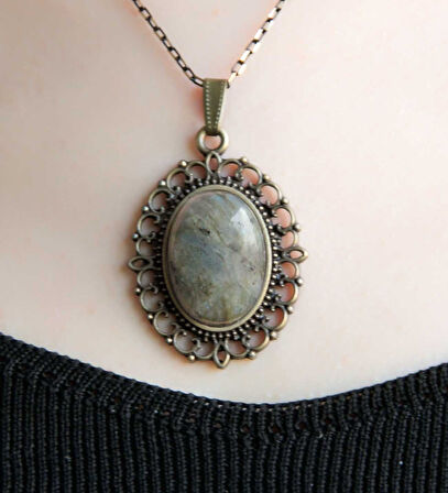 Doğal Taş Labradorit Doğal Taşlı Otantik Kadın Kolye 45 Cm Zincirli euk13lbt