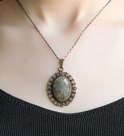 Doğal Taş Labradorit Doğal Taşlı Otantik Kadın Kolye 45 Cm Zincirli euk13lbt