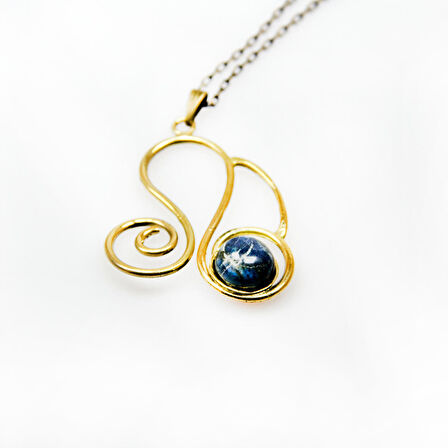 Lapis Doğal Taşlı Otantik Kadın Yuvarlak Kolye 45 cm Zincirli