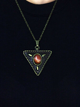 Doğal Taş Yemen Akik Doğal Taşlı Üçgen Model Antik Kadın Kolye euk41yma