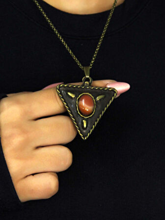 Doğal Taş Yemen Akik Doğal Taşlı Üçgen Model Antik Kadın Kolye euk41yma