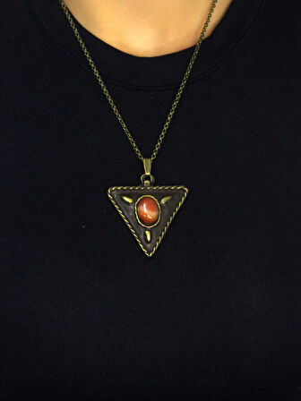 Doğal Taş Yemen Akik Doğal Taşlı Üçgen Model Antik Kadın Kolye euk41yma