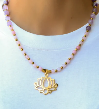 Doğal Taş Pembe Kuvars Ametist Hematit Doğal Taşlı Lotus Çiçeği Kadın Kolye Euk55Pka Ruhsal Arınma, Sevgi Ve Enerji Kalkanı