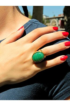 Oval Yeşil Akik Doğal Taş Ayarlanabilir Kadın Doğal Taş Yüzük euy13ya