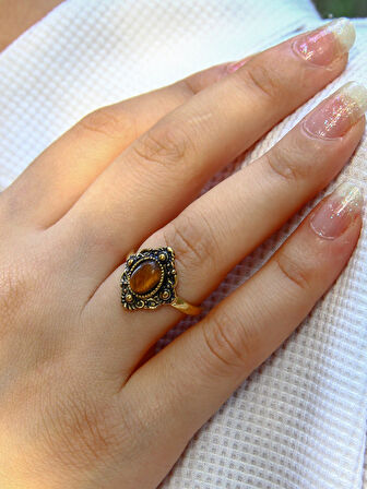 Doğal Taş Kaplangözü Doğal Taşlı Antik Ayarlanabilir Kadın Yüzük euy20kg