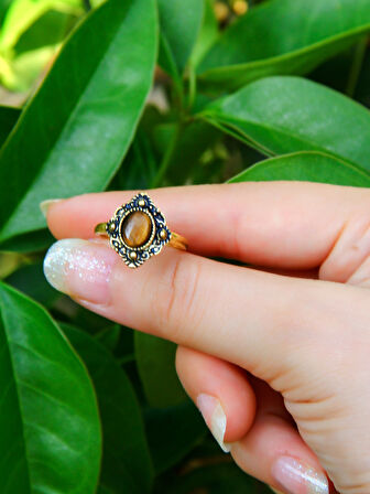 Doğal Taş Kaplangözü Doğal Taşlı Antik Ayarlanabilir Kadın Yüzük euy20kg