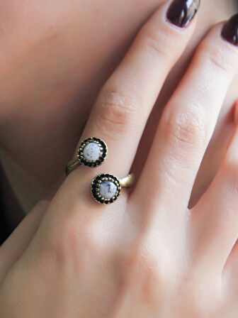 Doğal Taş İkili Dentirit Opal Doğal Taşlı Ayarlanabilir Yüzük euy25do